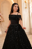 Girls Black Off-Shoulder Sequined Party Wear Gown with Fringe And Textured Flared Skirt