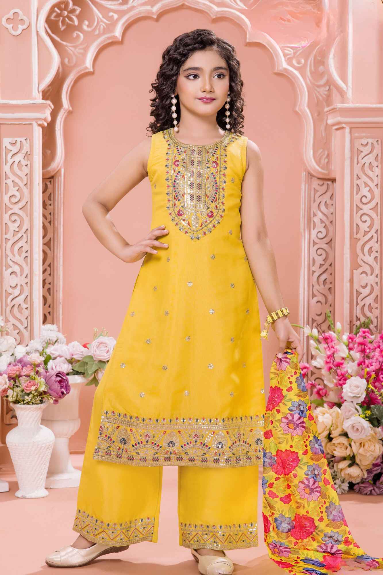 Yellow Embroidered Kurta Set with Floral Printed Dupatta For Girls