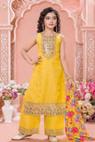 Yellow Embroidered Kurta Set with Floral Printed Dupatta For Girls