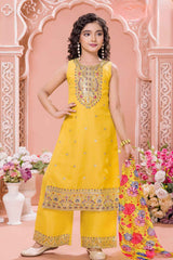 Yellow Embroidered Kurta Set with Floral Printed Dupatta For Girls