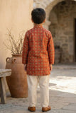 Red Ethnic Printed Kurta with Cream Pyjama Set For Boys