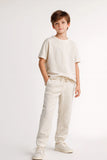 White Linen Straight-Fit Pants with Elastic Waist For Boys