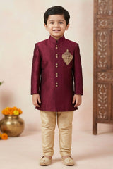 Elegant Boys Wine Sherwani with Gold Motif Embroidery And Pyjama Set