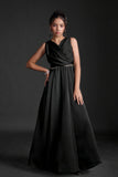 Black Satin Evening Gown with Pleated Overlap Bodice For Girls