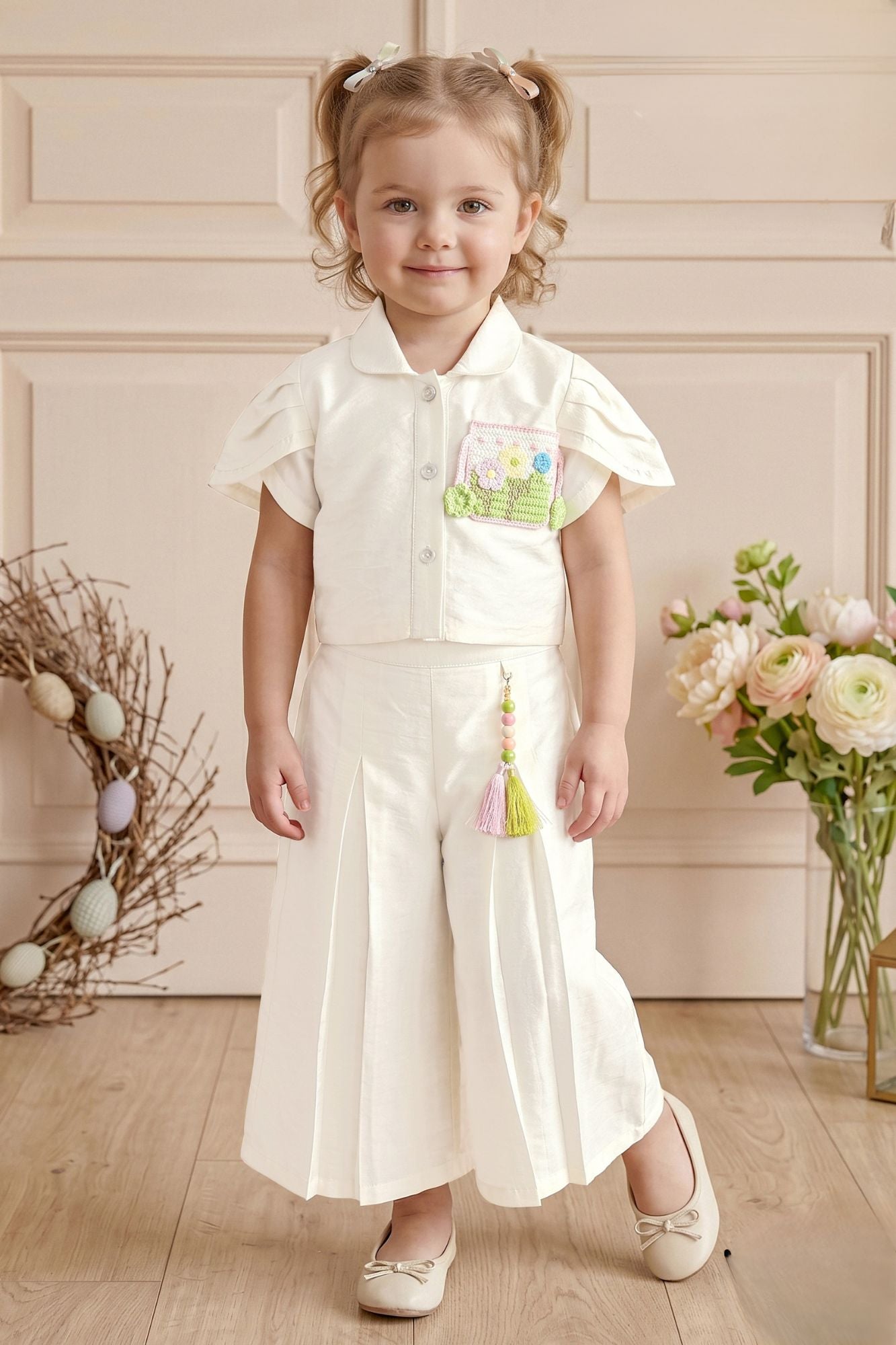 Girls Cream Pleated Co-Ord Set with Floral Patch Pocket