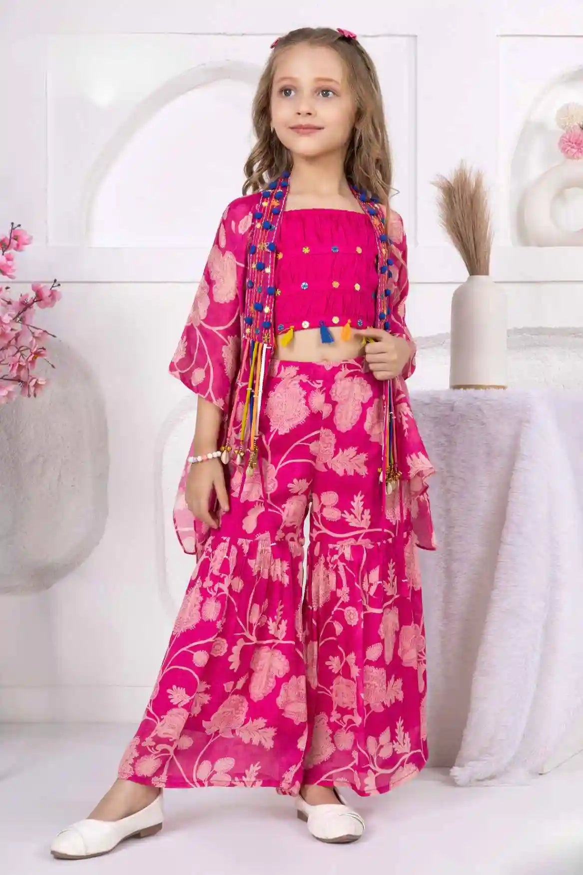 Pink Printed Co-Ord Set With Embellished Overcoat For Girls
