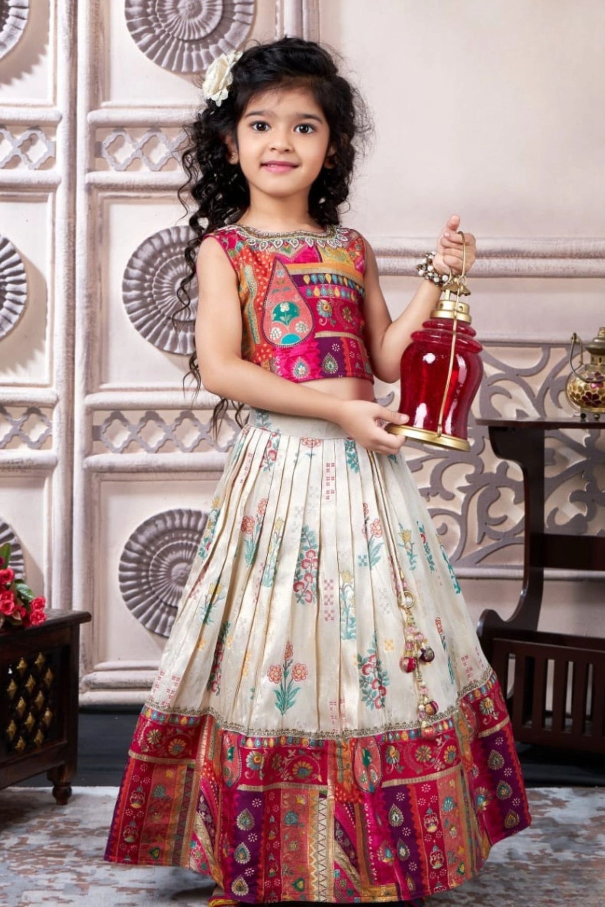 Multicolor Banarasi Silk Pattu Pavadai With Stone Work For Girls