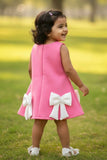 Baby Pink Party Frock with White Bow Accents For Girls