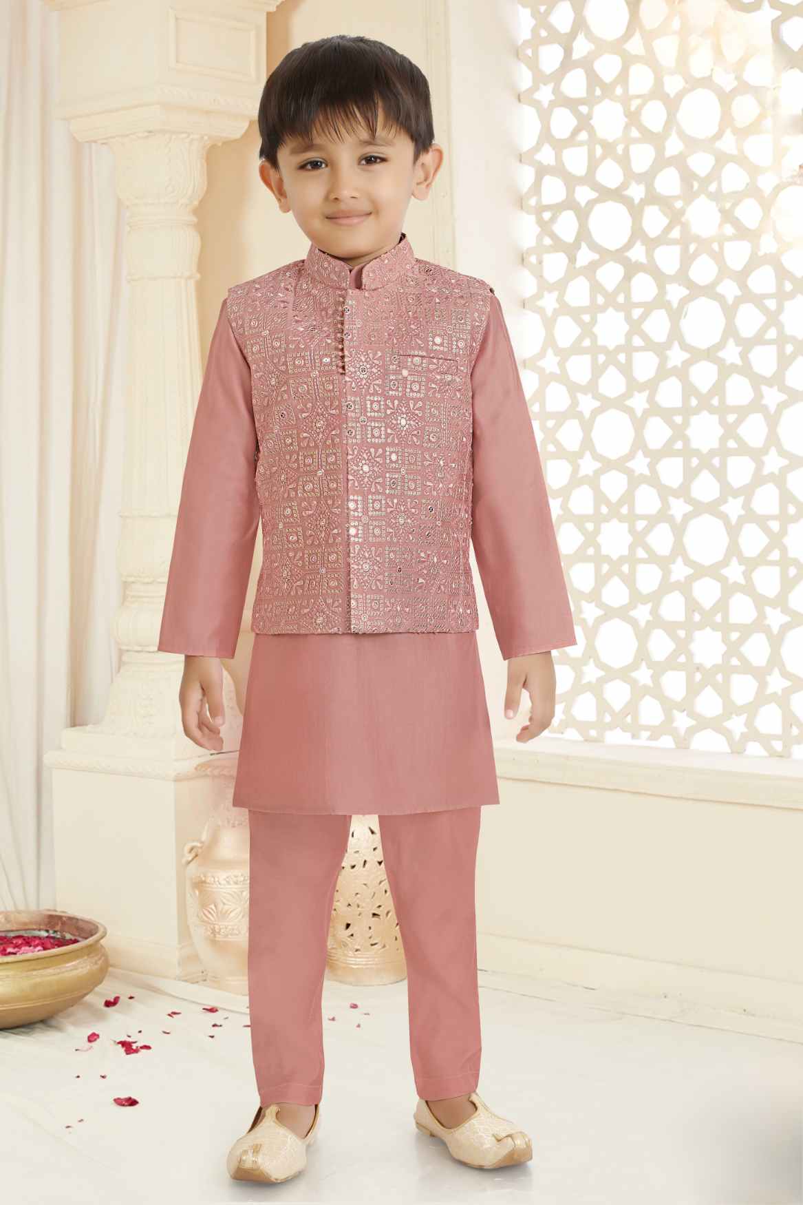 Onion Pink Kurta Set With Sequins Embroidered Waistcoat For Boys
