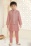 Onion Pink Kurta Set With Sequins Embroidered Waistcoat For Boys