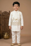 Ivory Kurta Pyjama Set With Embroidered Nehru Jacket For Boys