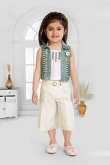 Cream Top And 3/4th Shorts Set With Crochet Overcoat For Girls