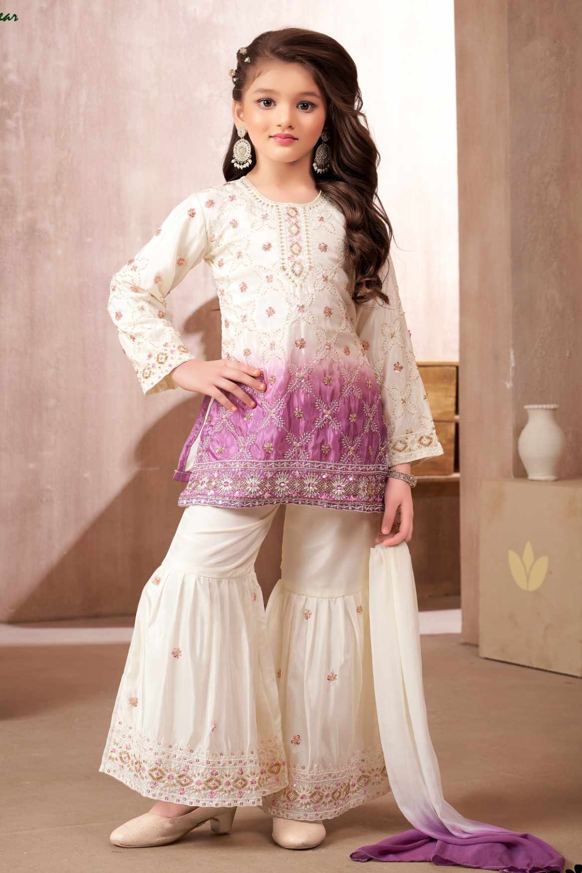 Ivory And Lavender Ombre Embroidered Kurti Sharara Set with Dupatta for Girls