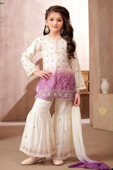Ivory And Lavender Ombre Embroidered Kurti Sharara Set with Dupatta for Girls