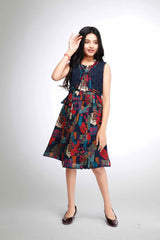 Navy Blue Printed And Sequins Work Frock With Waist Coat For Girls