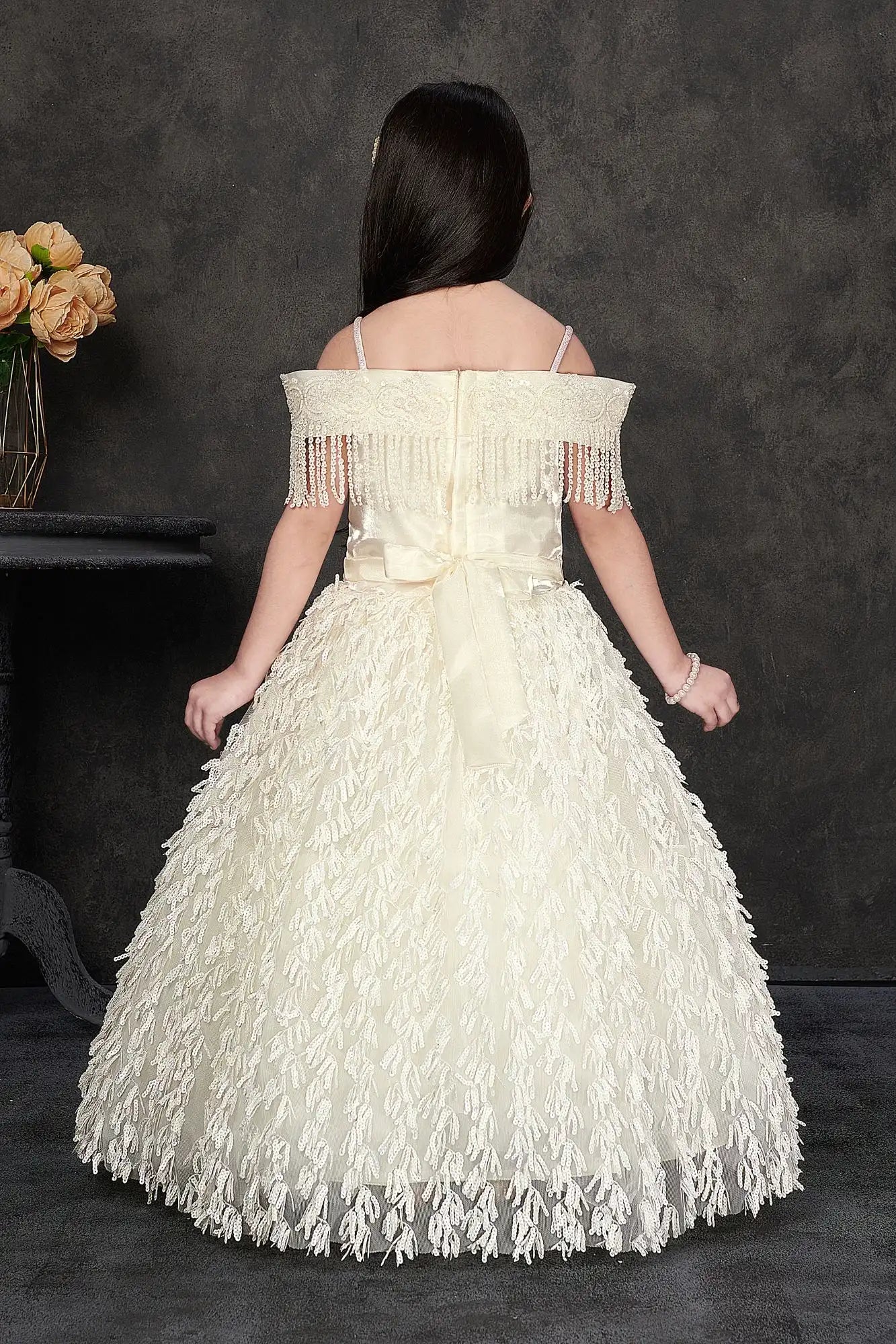 Off-Shoulder White Party Wear Gown with Pearl Fringe and Textured Net Skirt For Girls