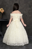 Off-Shoulder White Party Wear Gown with Pearl Fringe and Textured Net Skirt For Girls