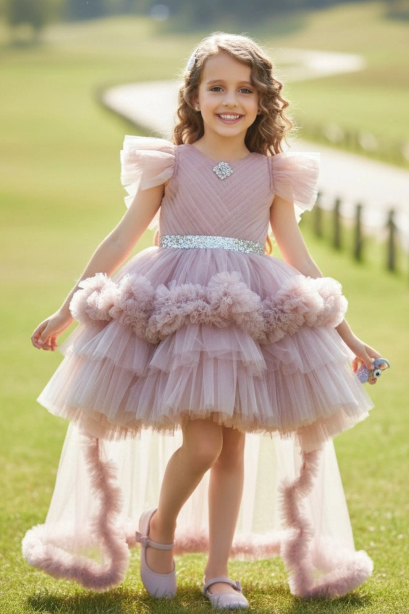 Onion Pink Ruffle Trail Party Gown with Sparkle Belt For Girls