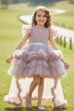 Onion Pink Ruffle Trail Party Gown with Sparkle Belt For Girls