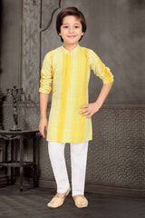 Yellow Thread Work Kurta And White Pant Set For Boys