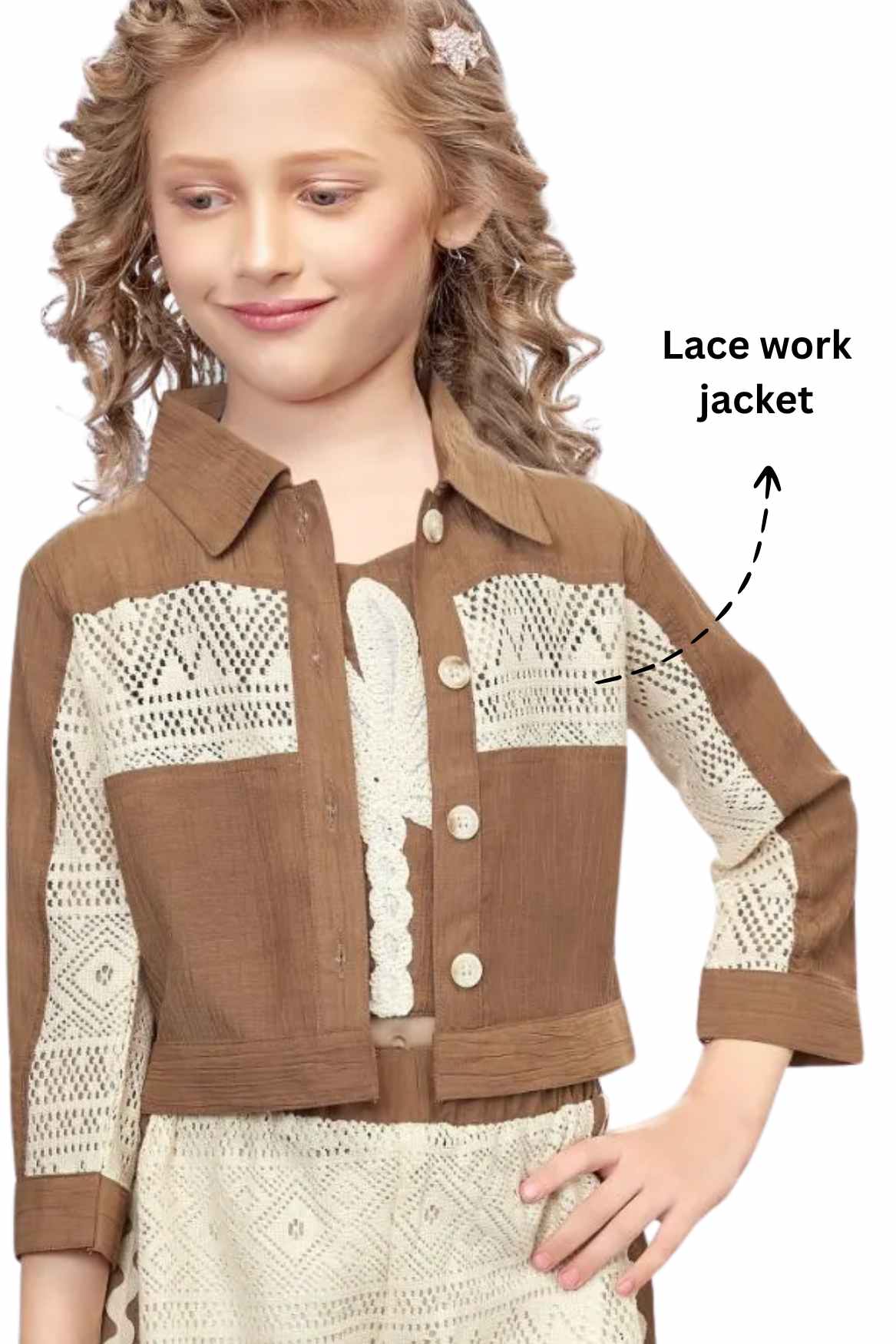 Brown And Cream Co-Ord Set with Lace Cropped Jacket For Girls