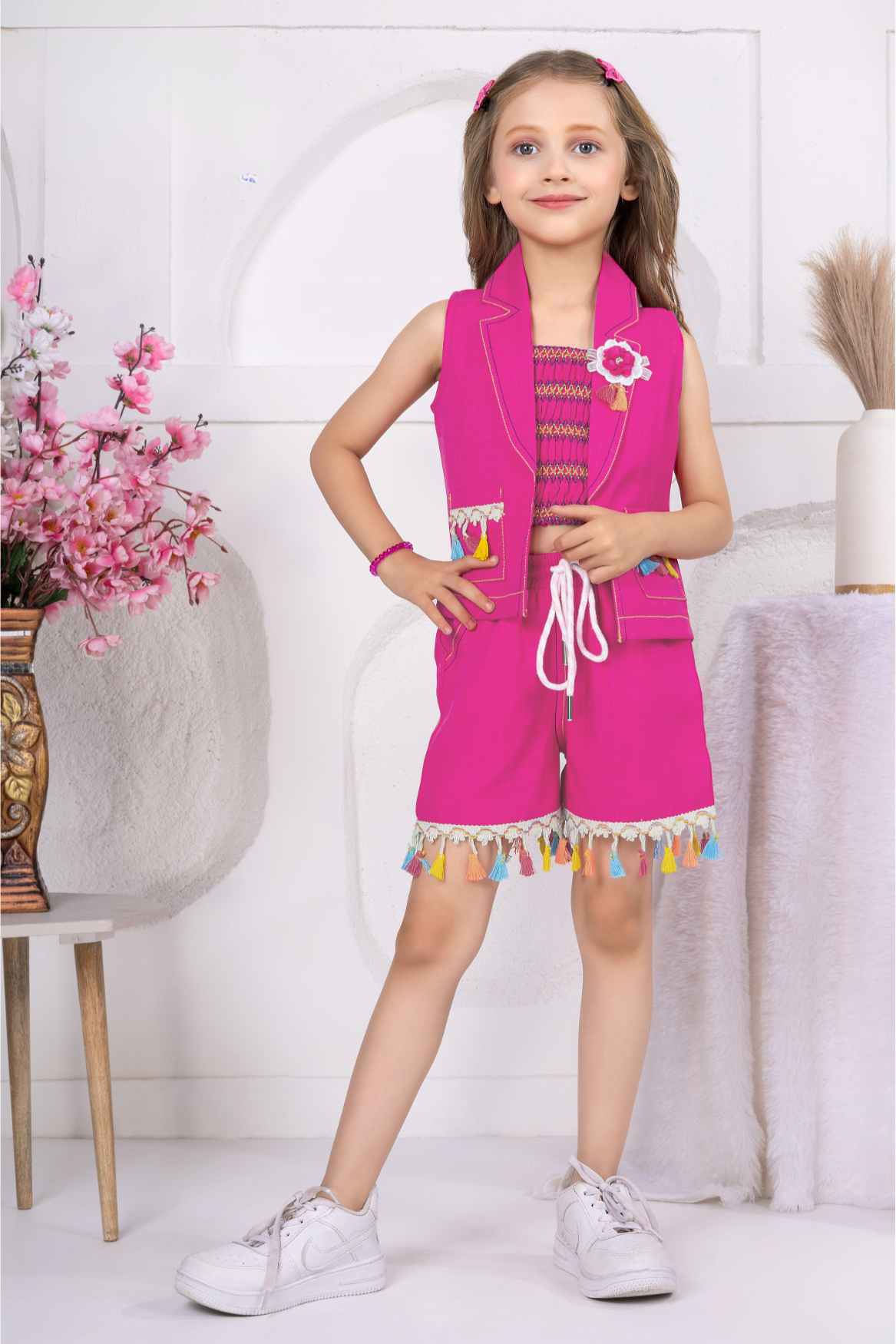Bright Pink Overcoat With Top And Tassel Work Shorts Set For Girls