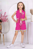 Bright Pink Overcoat With Top And Tassel Work Shorts Set For Girls