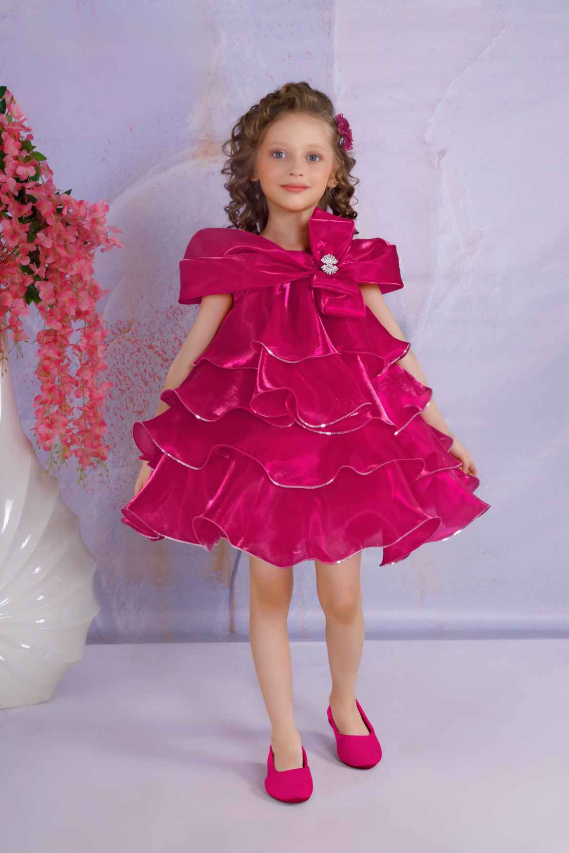Radiant Ruffle Rani Pink Party Wear Frock For Girls