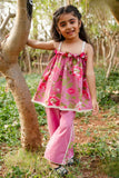 Pink Floral Printed Top With Lace Trim Palazzo Set For Girls