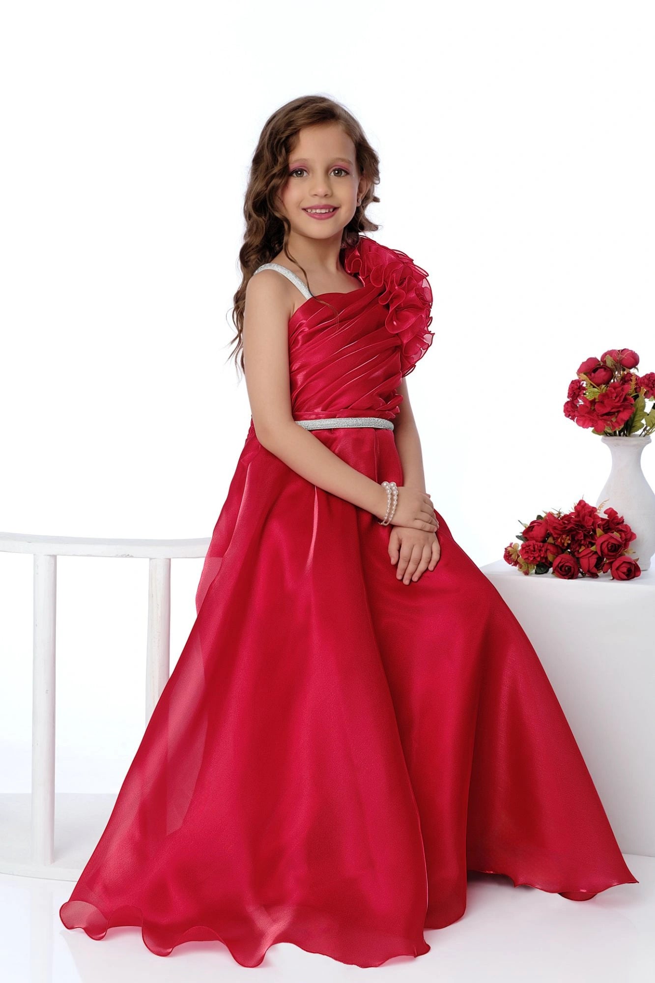 Designer Red Floral Appliqué Party Wear Gown For Girls