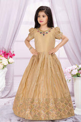 Golden Beige Sequins Embroidered Ethnic Gown with Dupatta for Girls