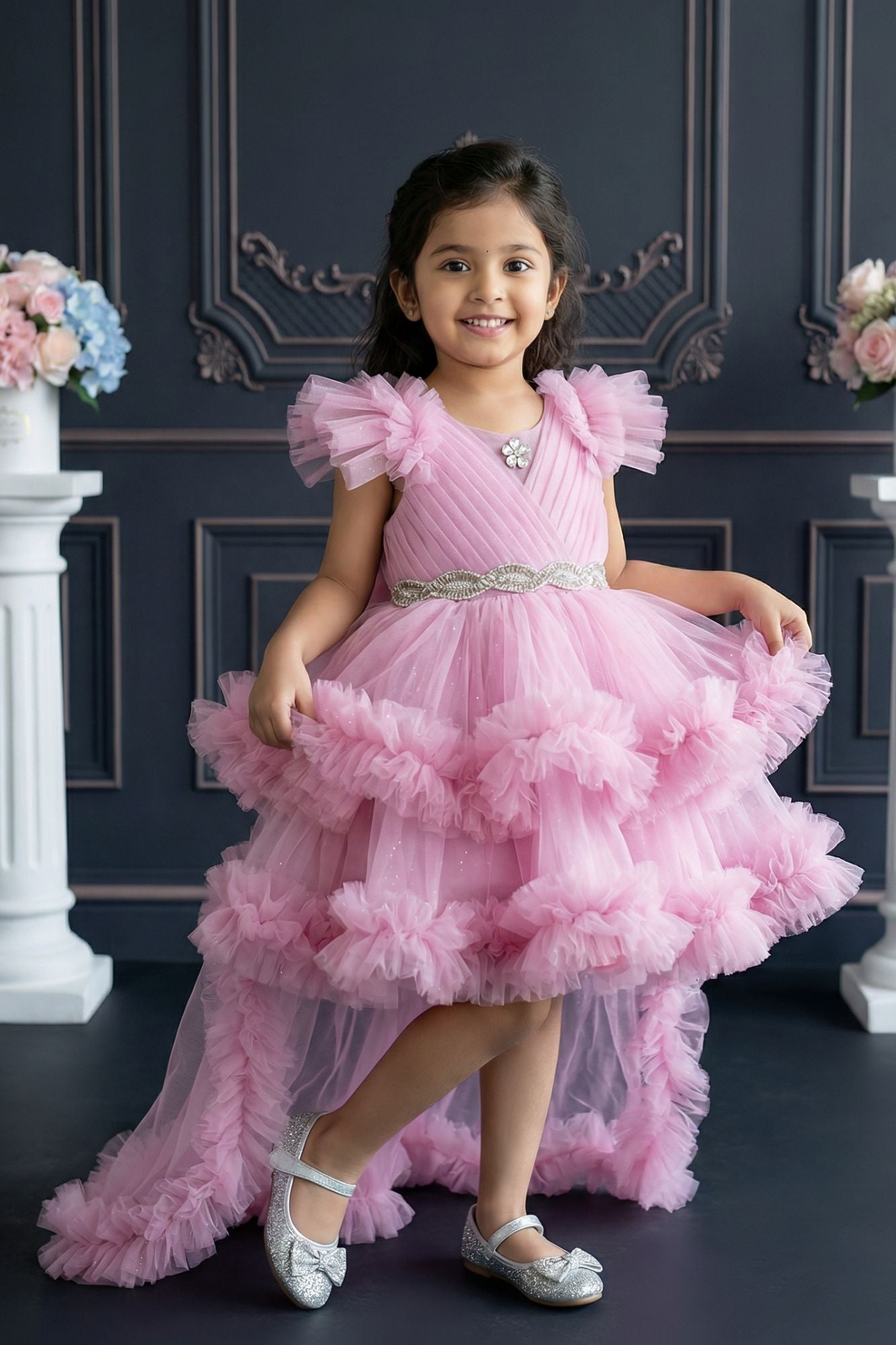 Pink Layered Ruffle High-Low Party Wear Frock For Girls