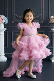Pink Layered Ruffle High-Low Party Wear Frock For Girls