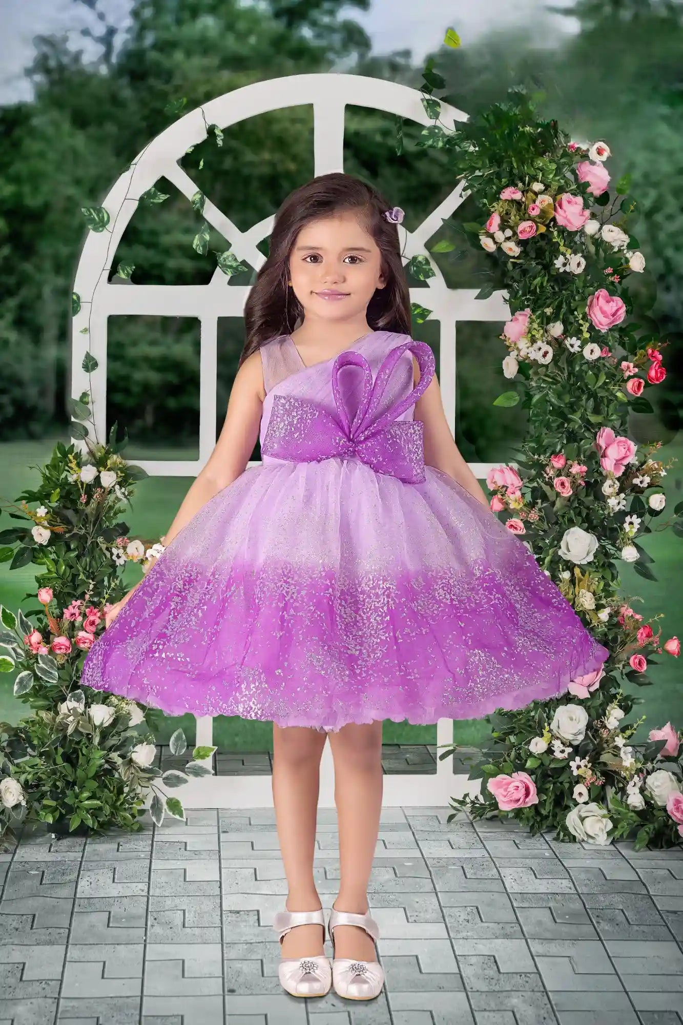 Shimmer Purple Ombre With Bow Embellishment Party Wear Frock for Girls