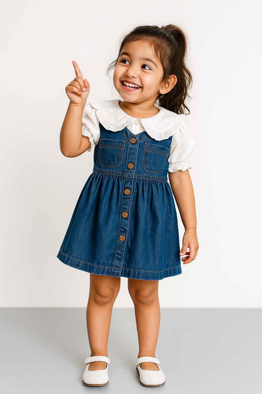 Classic Blue Denim Frock With Puff Sleeve Blouse For Girls