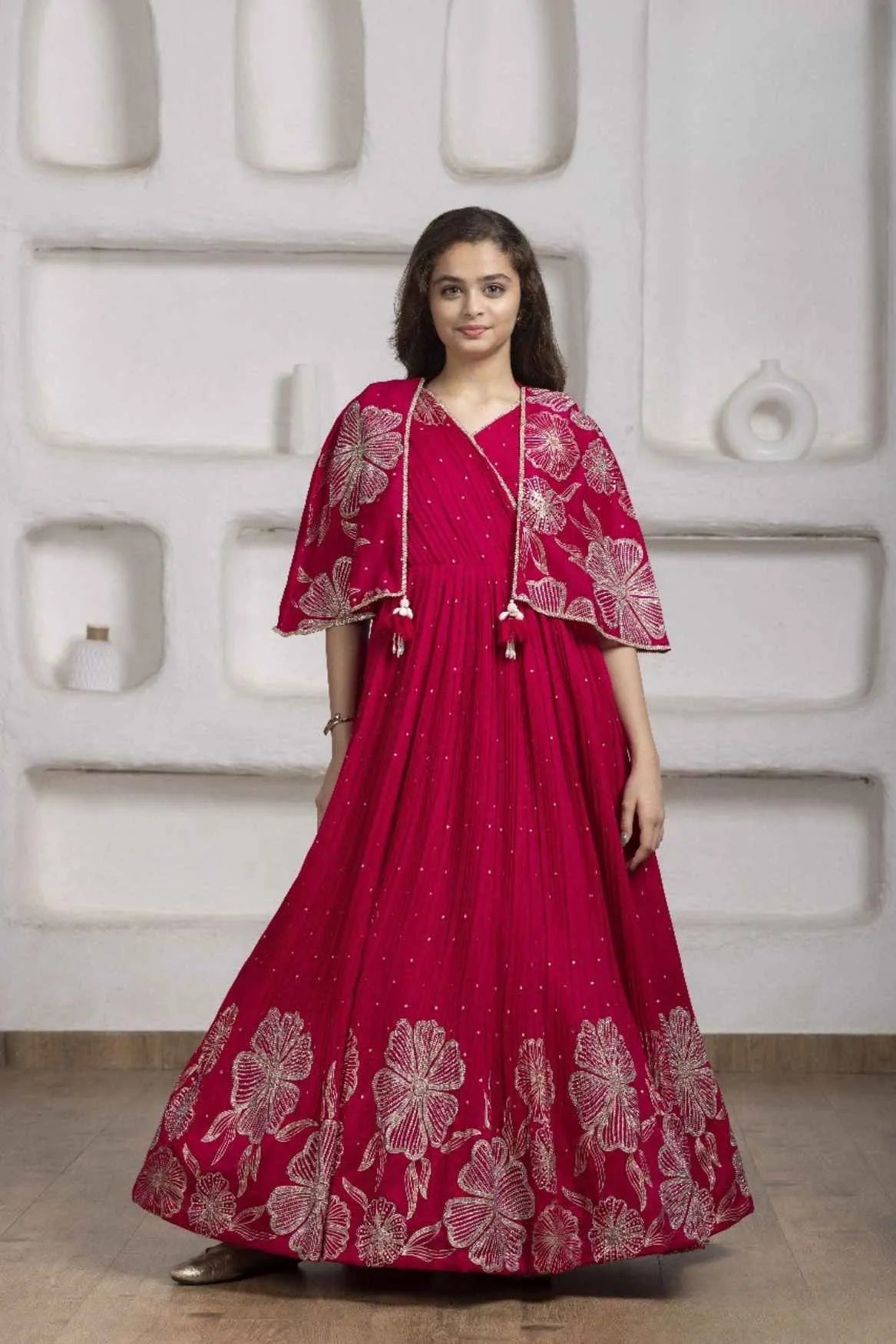 Crimson Red Floral Embroidered Cape Gown For Girls