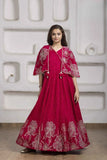 Crimson Red Floral Embroidered Cape Gown For Girls