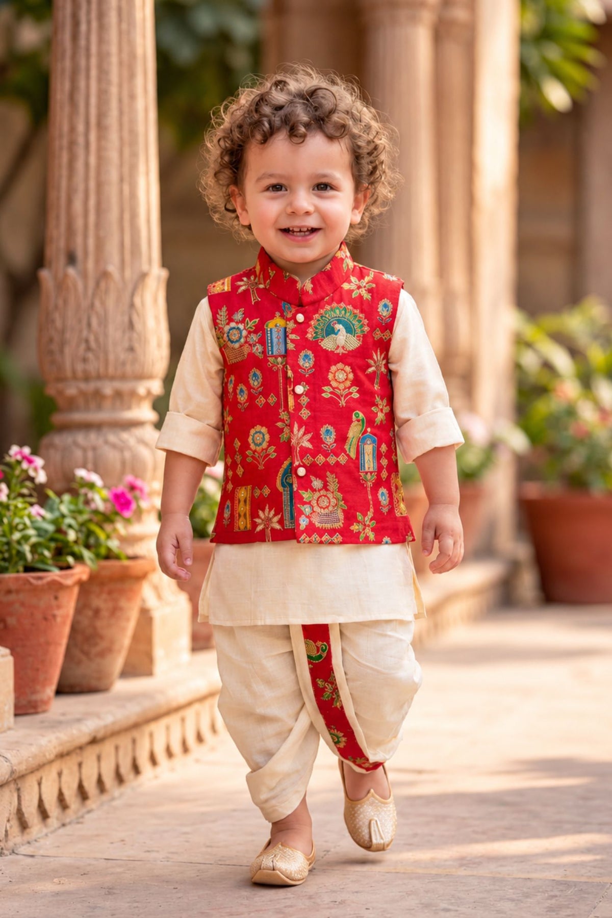 Boys Ivory And Red Printed Waistcoat Dhoti Kurta Set