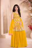Yellow Palazzo Set with Multicolor Floral Embroidered Top And Dupatta for Girls