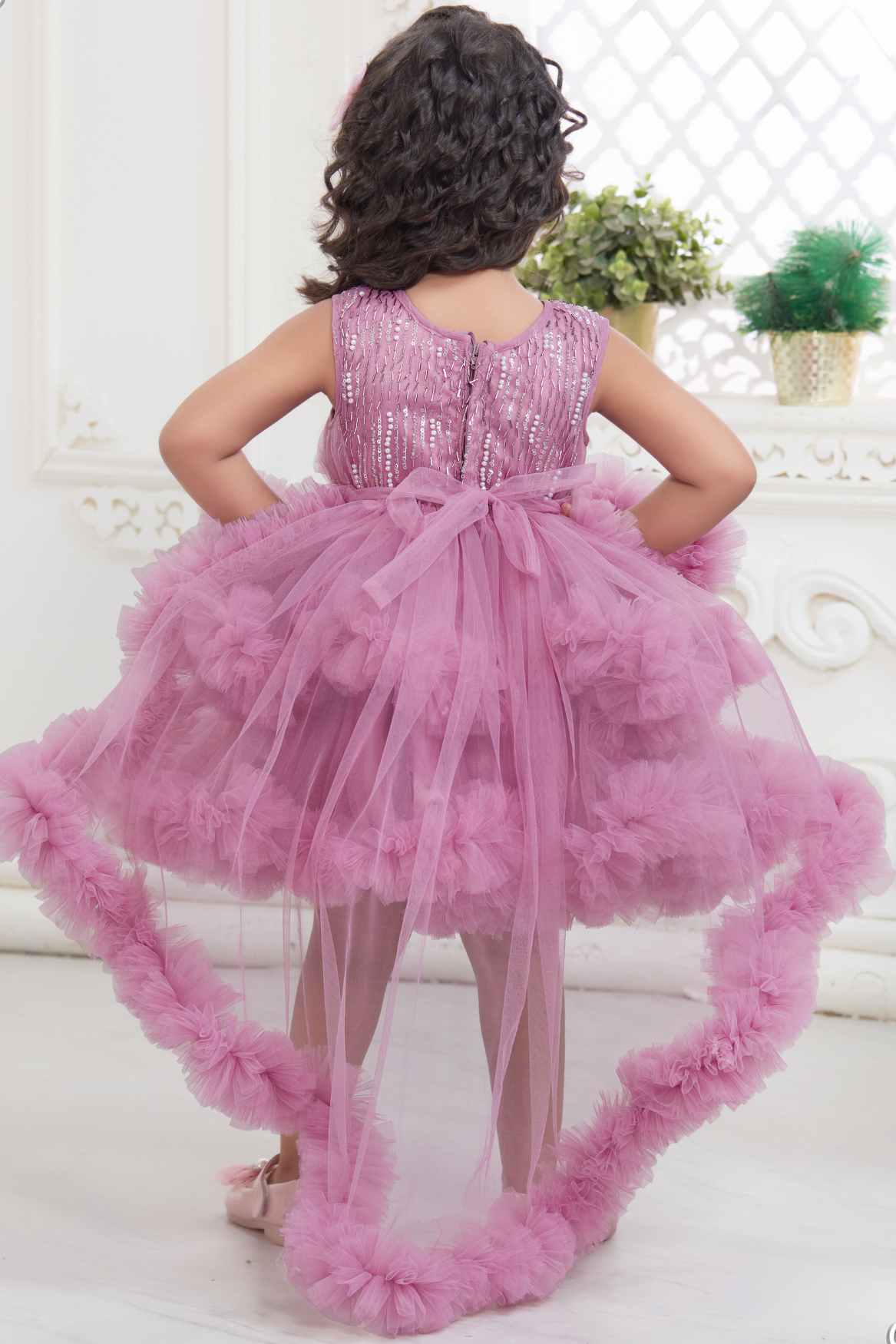 Onion Pink Ruffled Frock With Floral Embellished For Girls