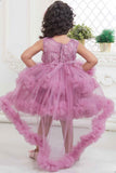 Onion Pink Ruffled Frock With Floral Embellished For Girls