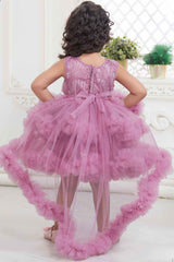 Onion Pink Ruffled Frock With Floral Embellished For Girls