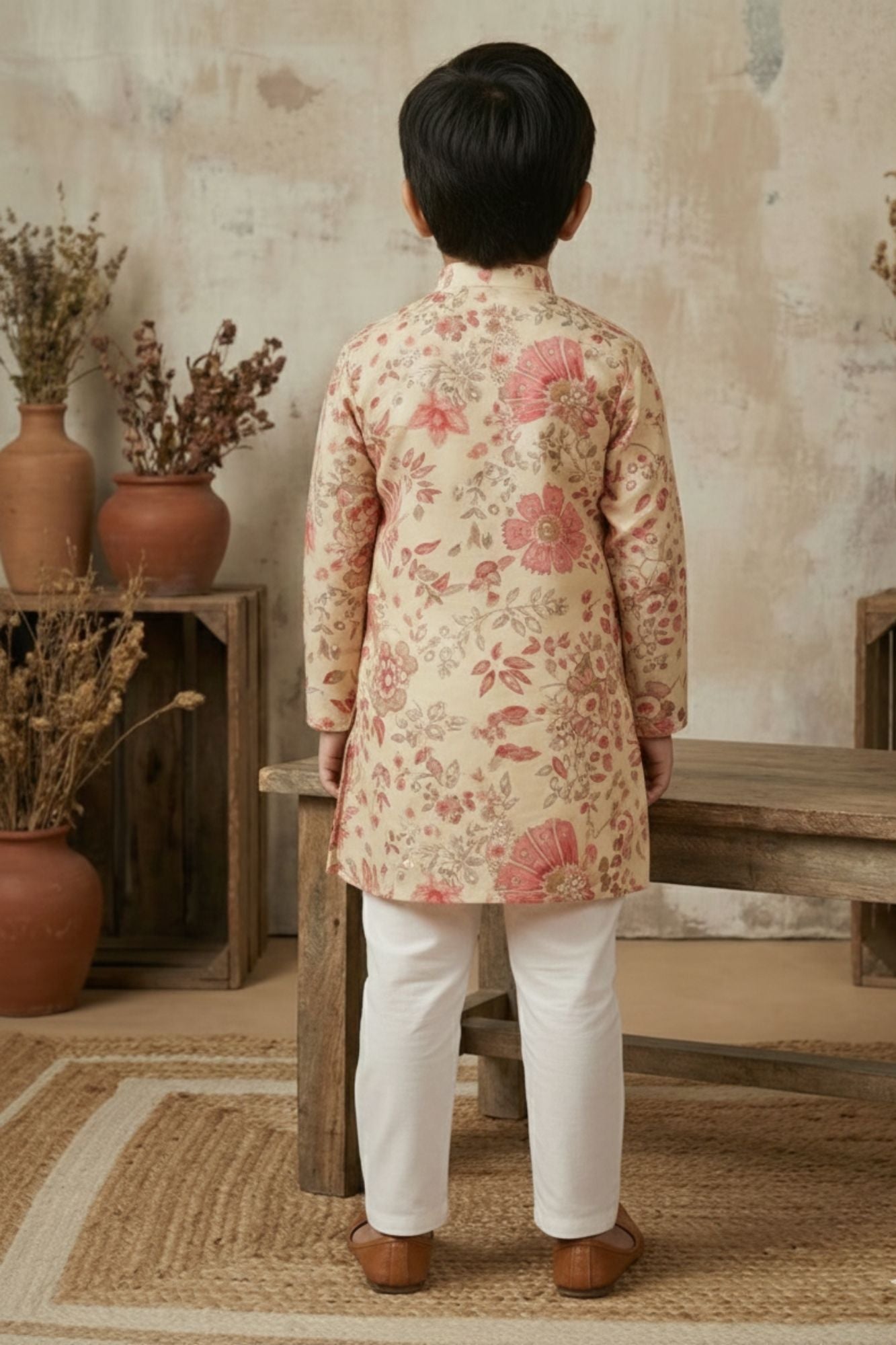 Beige Floral Printed Kurta Set With Pajama For Boys