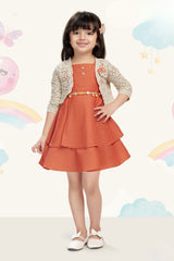 Girls Rust Orange Layered Frock With Lace Shrug And Floral Accent