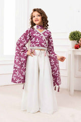 Onion Pink Printed And Sequin Top And White Palazzo Set  For Girls