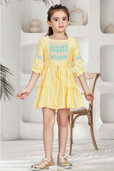 Lemon Yellow 3/4th Sleeves And Sequins Embroidered Dress For Girls