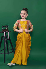 Mustard Sequin Top And Dhoti Bottom Set With Brocade Overcoat For Girls