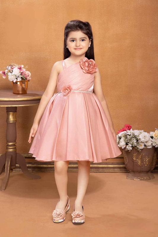 Peach Satin Frock With Floral Embellishment For Girls