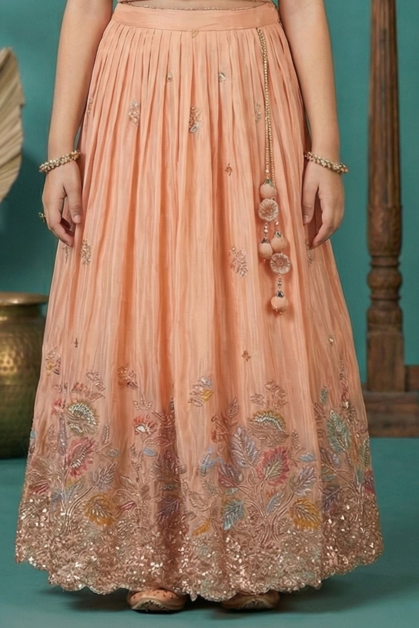 Girls Peach Embroidered Lehenga Choli Set
