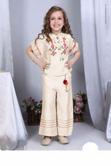 Stylish Beige Embroidered Co Ord Set For Girls